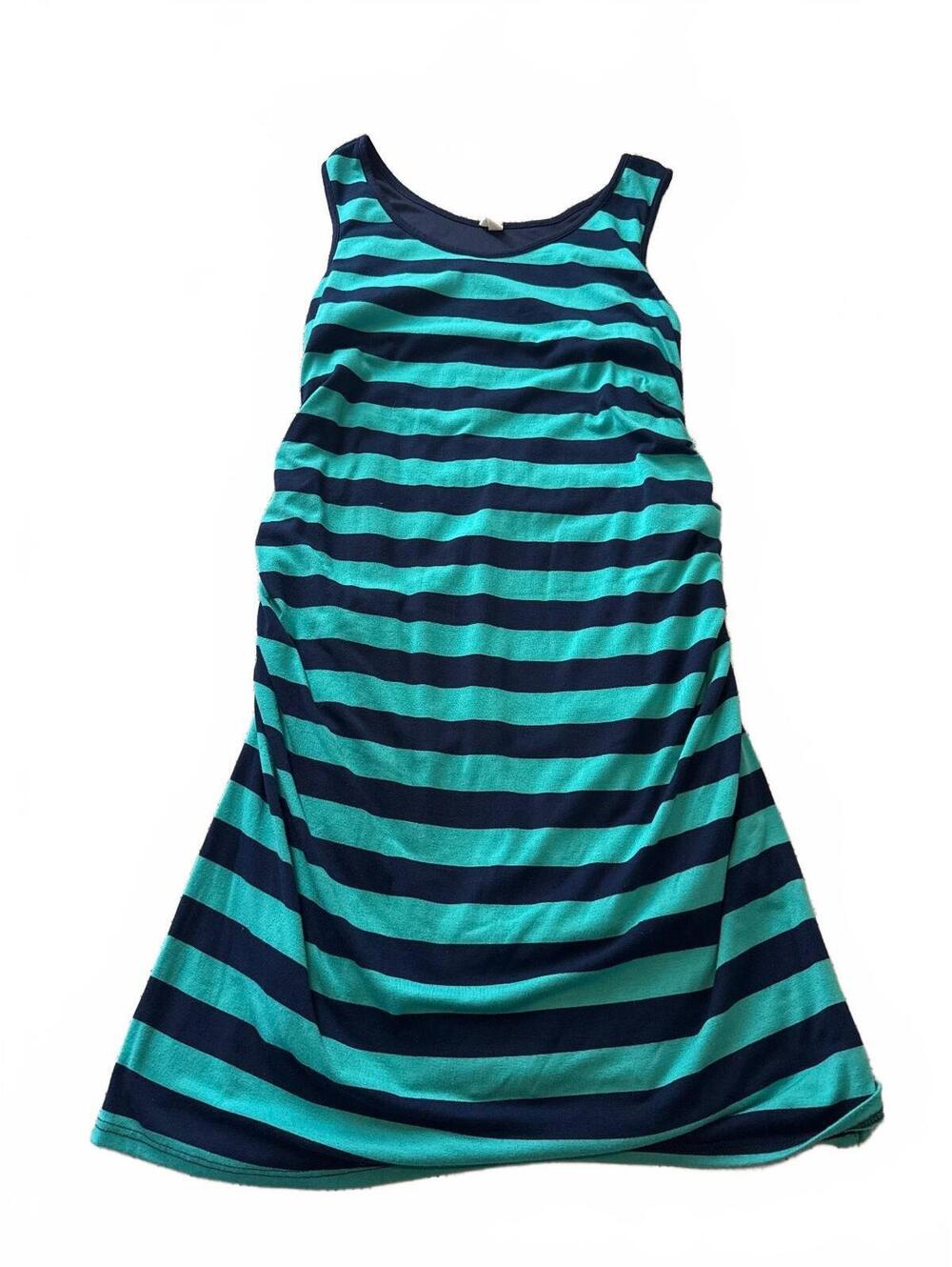 PinkBlush Maternity Dress Size M Medium Mint Navy Blue Striped Ruched Midi